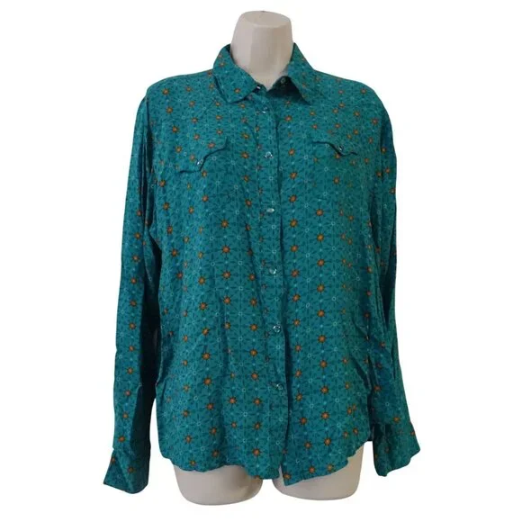 Vintage Wrangler Rancher Western Pearl Snap Shirt Women Size XXL Green Long Slv - Picture 1 of 10